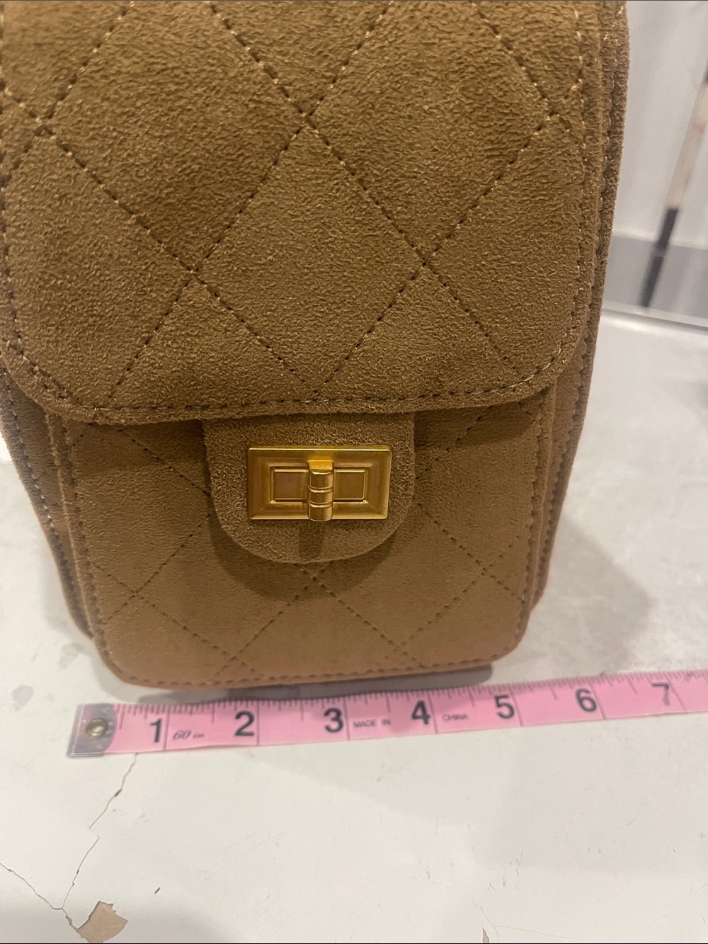 Quilted Drawstring Shoulder Bag in Camel - Picture 6 of 7